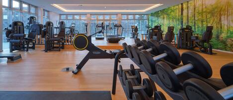 Ein modernes Fitnessstudio mit unterschiedlichen Trainingsgeräten, großen Fenstern und einer Wandmalerei mit Waldmotiv.