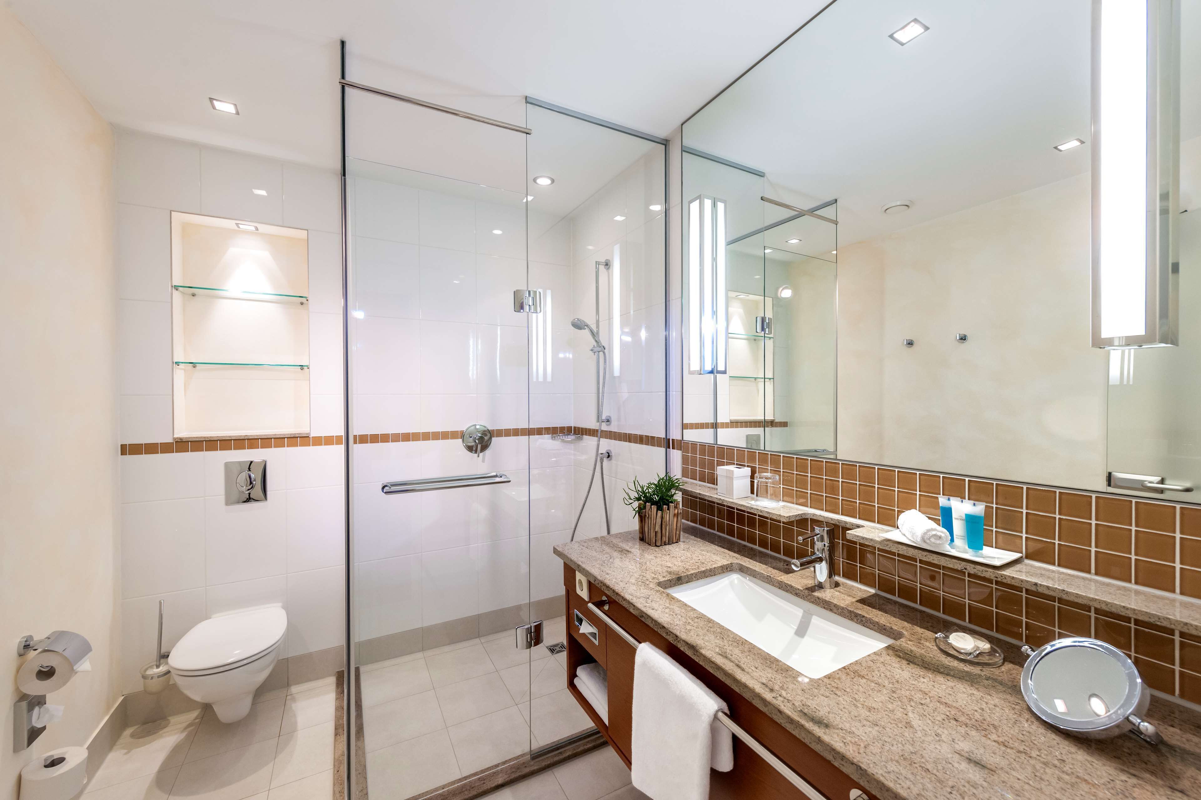 Une salle de bain moderne avec une douche à parois de verre, un lavabo avec un miroir et des toilettes.