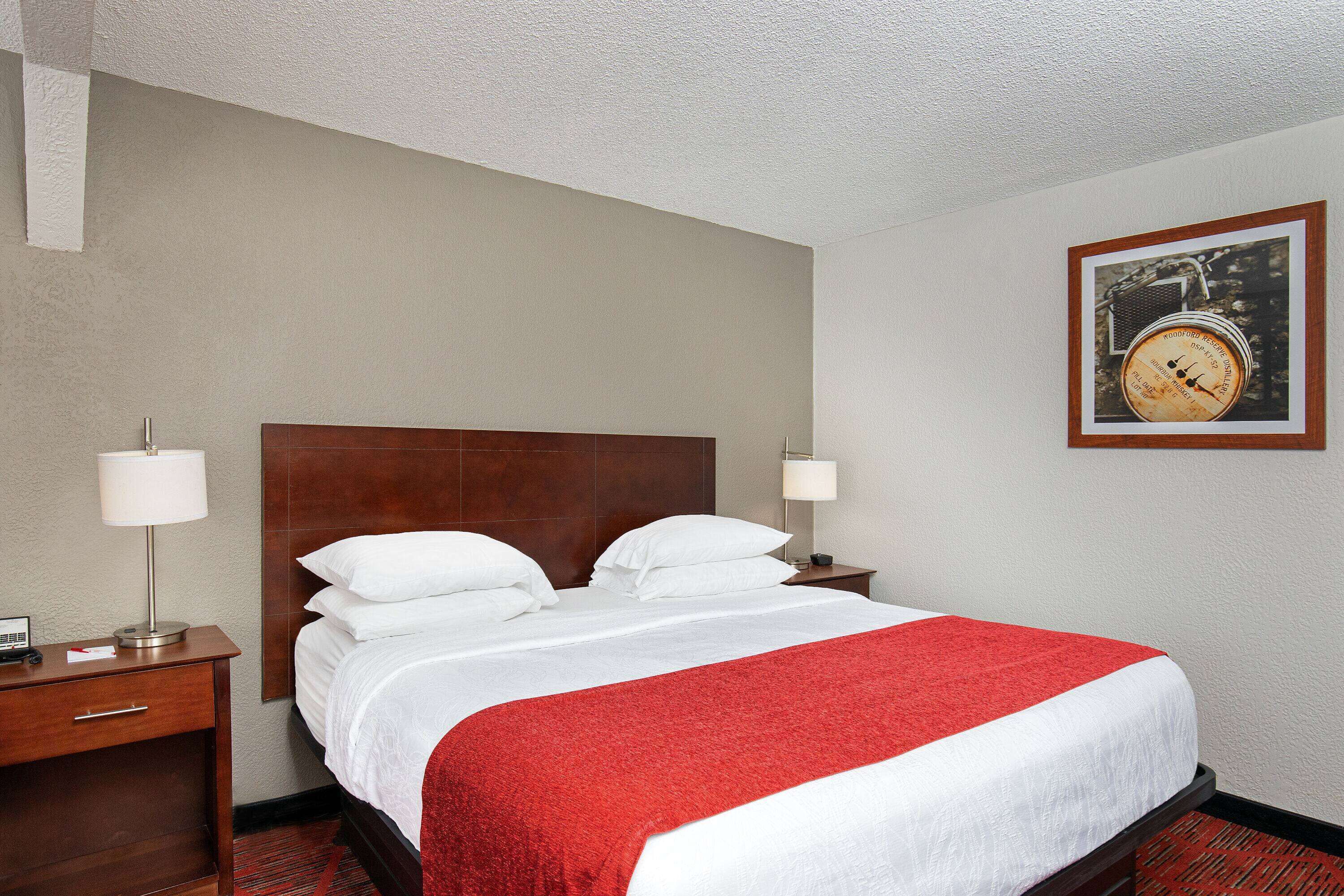 A hotel room with a large bed, two bedside tables, a red throw blanket, and a framed picture on the wall.