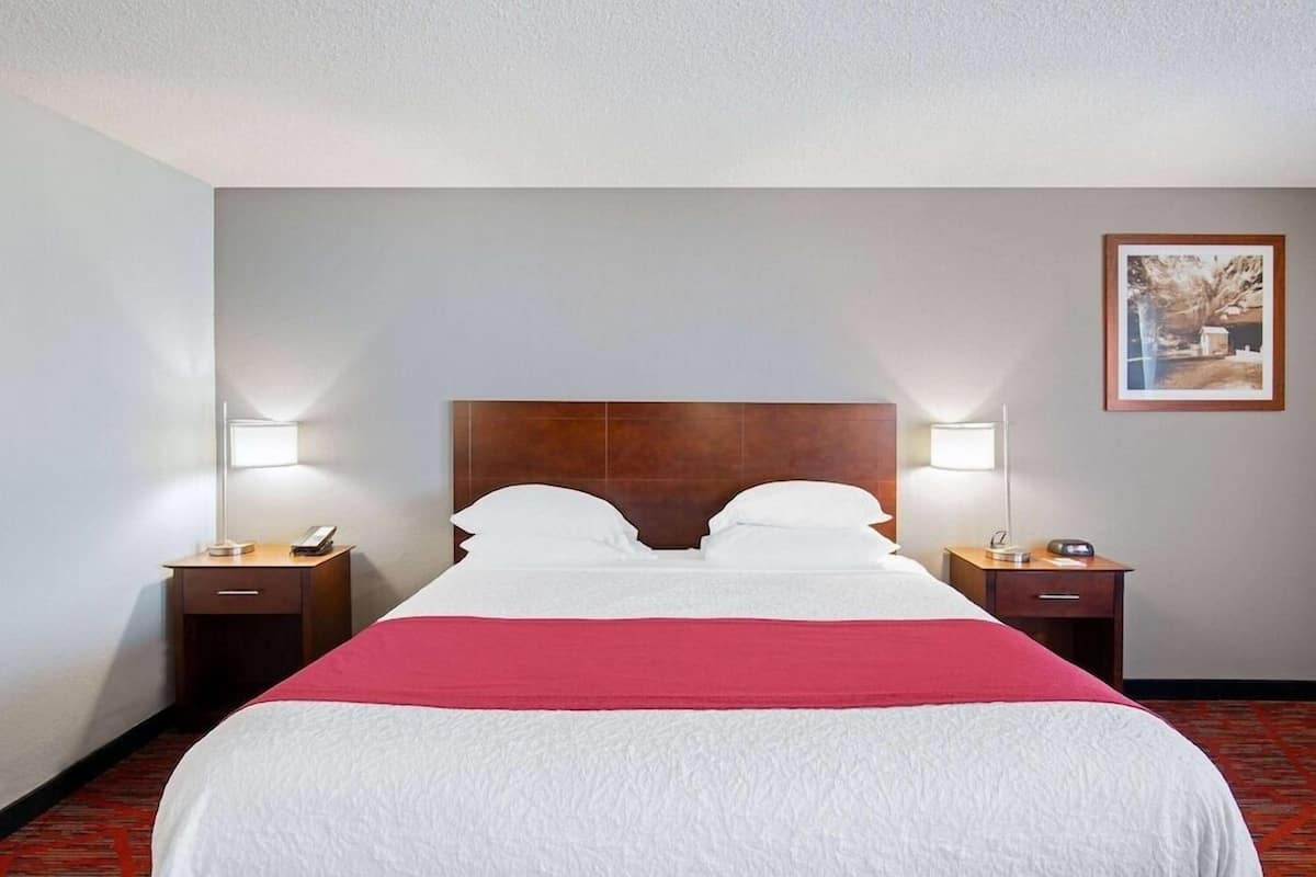 A hotel room with a large bed, two bedside tables with lamps, a framed picture on the wall, and a red carpet.