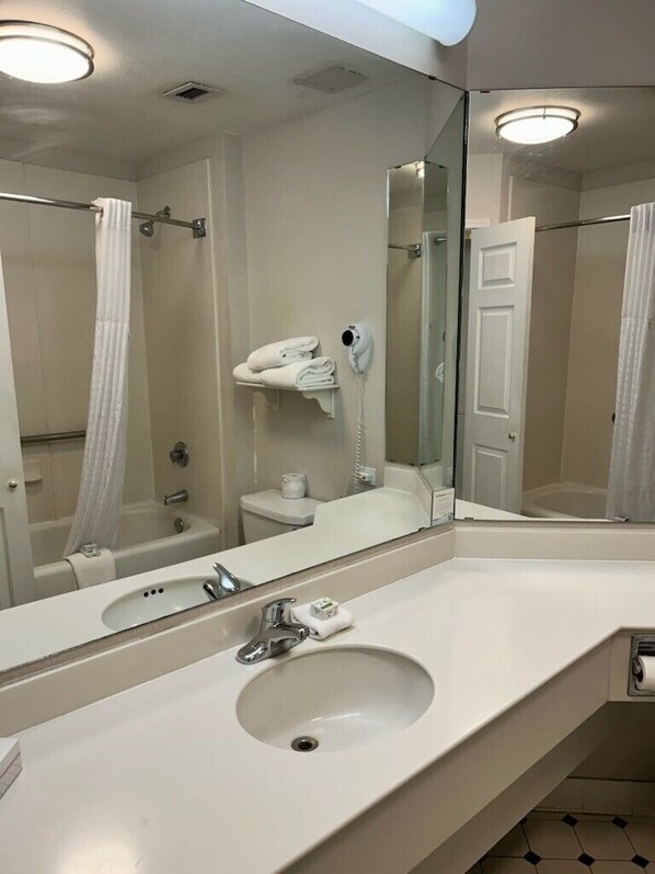A bathroom with a large mirror, a sink, a towel rack, a hairdryer, and a shower curtain.