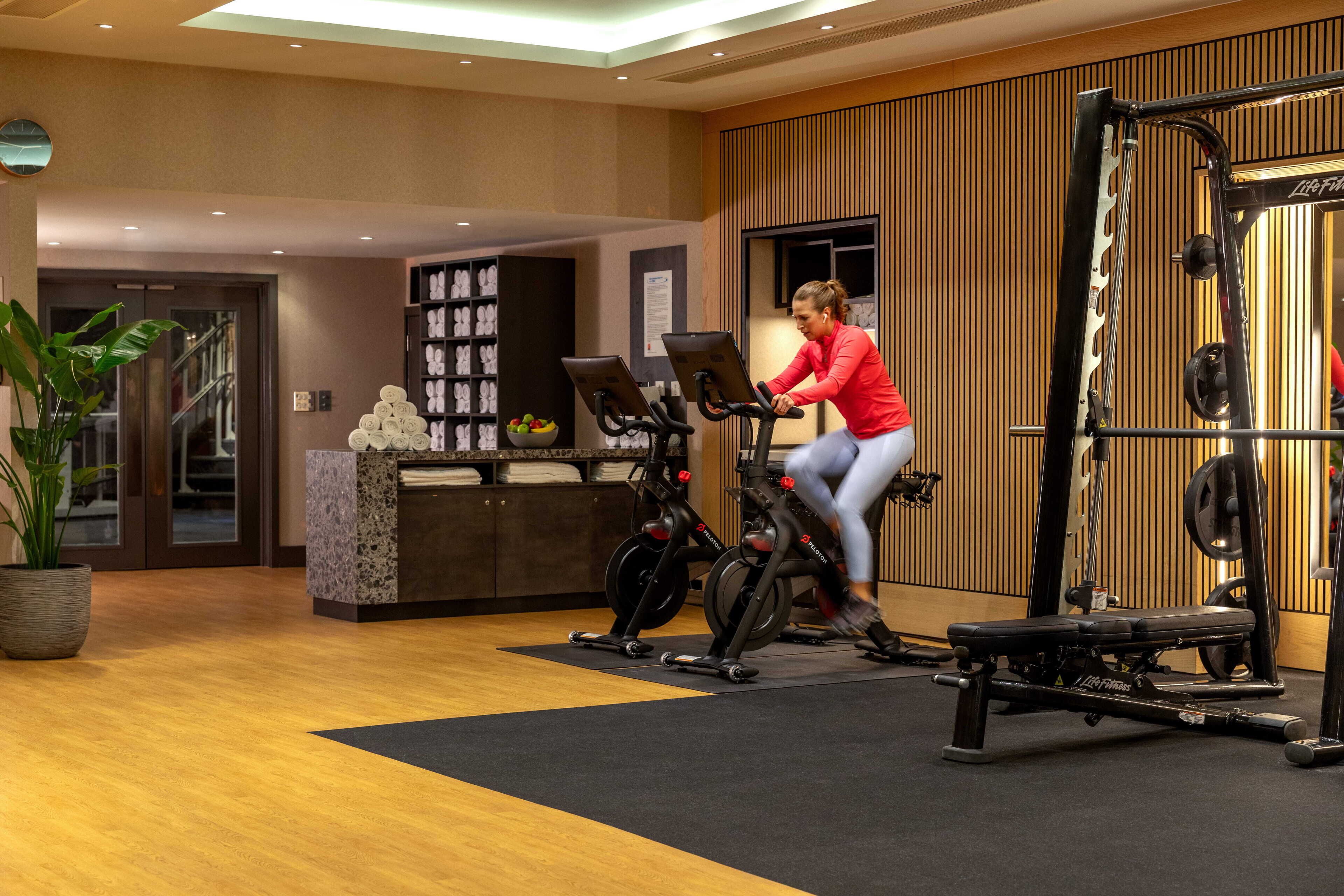 A gym with exercise bikes, a weight bench, and a wall-mounted squat rack.