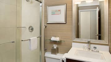 Un baño moderno con cabina de ducha de vidrio, un inodoro con soporte para toallas de papel, un lavabo con espejo arriba y un certificado enmarcado en la pared.