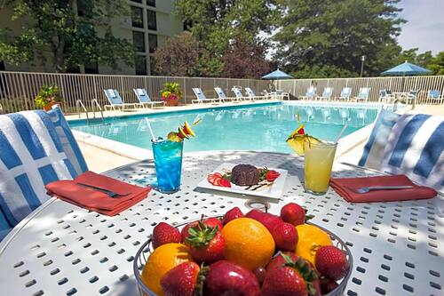 Seasonal outdoor pool, sun loungers