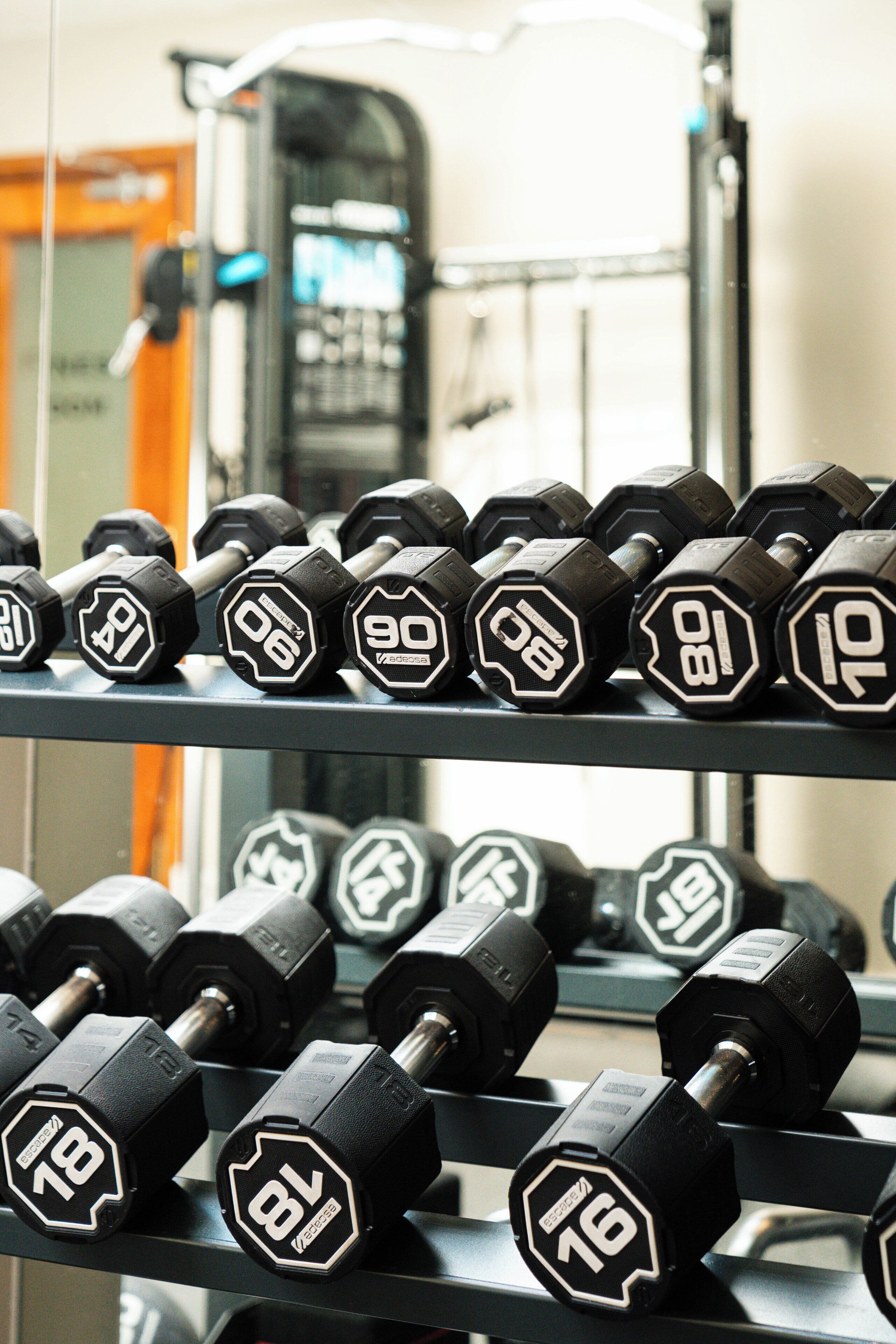 A rack of hexagonal dumbbells with weight markings, arranged on a gym shelf.
