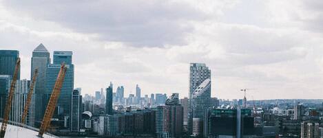 A city skyline with modern buildings, a waterfront, and a bridge.