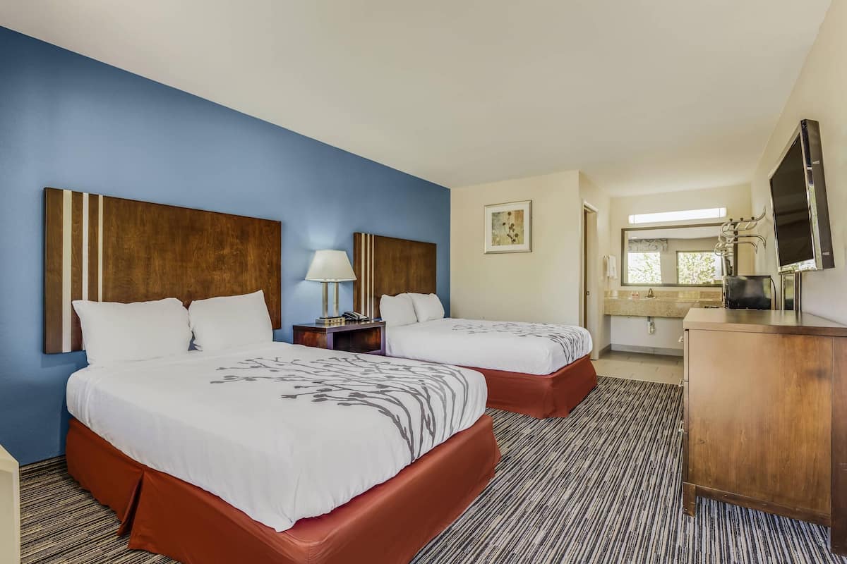Quarto de hotel com duas camas, cabeceira de madeira, mesa de cabeceira com abajur, cômoda, televisão e banheiro com pia e espelho.