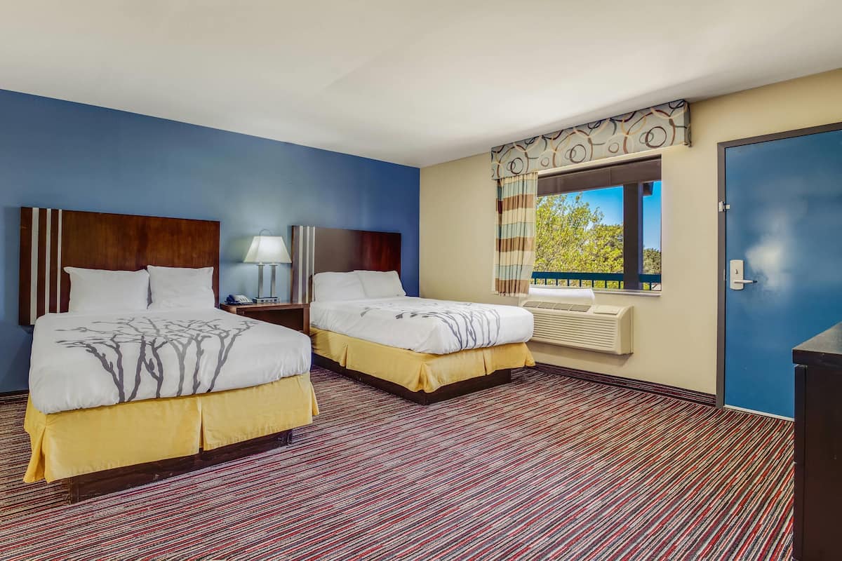 Quarto de hotel com duas camas, uma mesa de cabeceira, um abajur, uma janela com cortinas e vista para o verde lá fora.