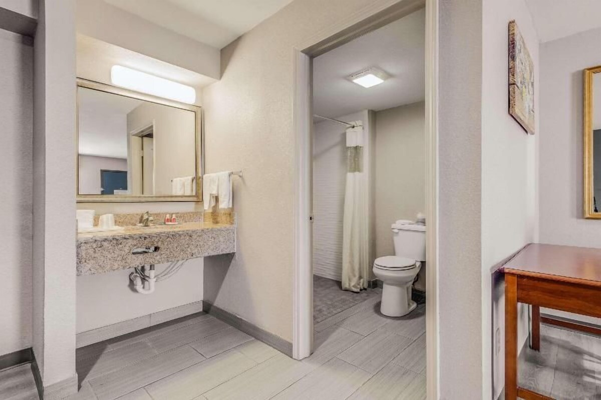 Bathroom | Combined shower/tub, free toiletries, hair dryer, towels