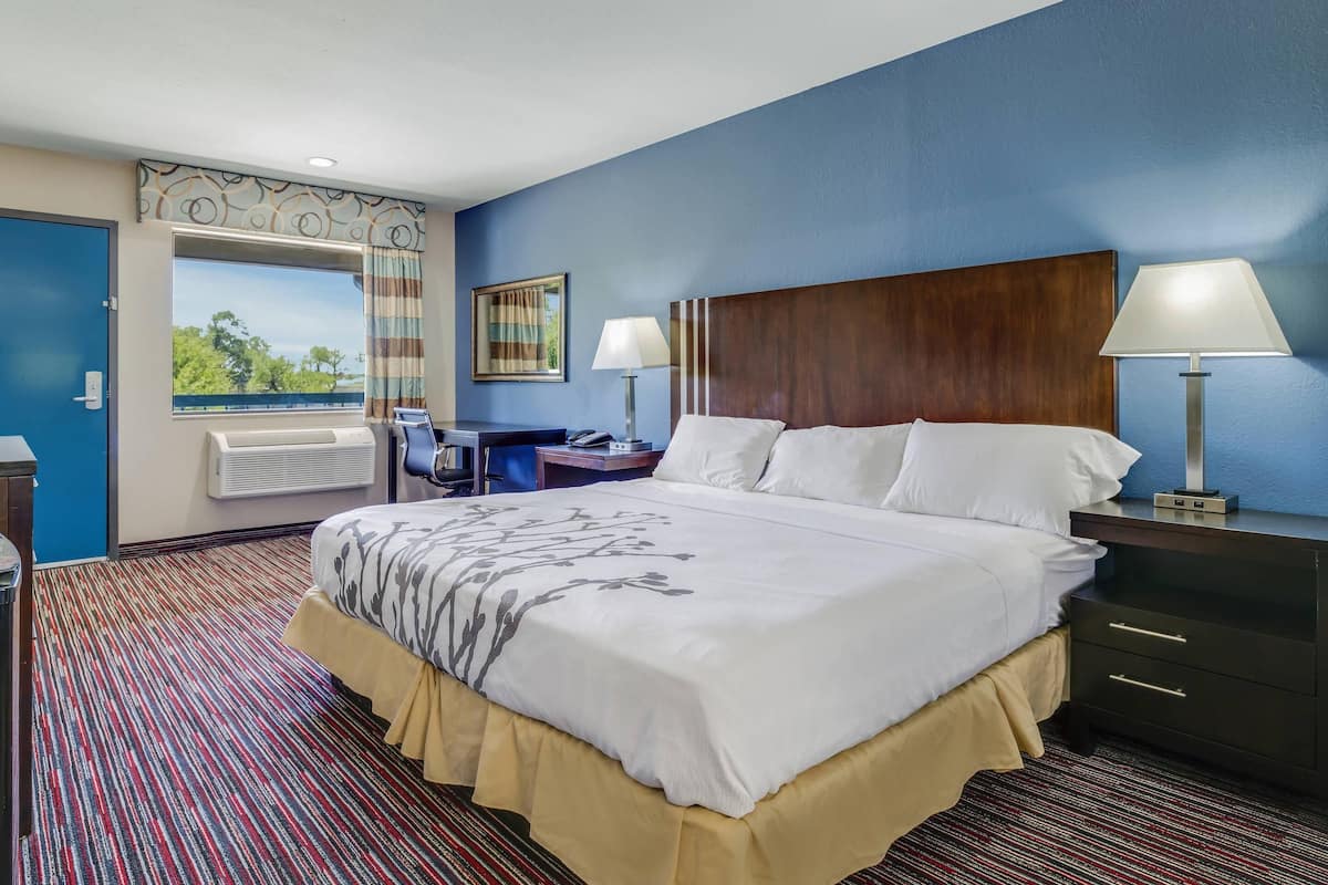 Quarto de hotel com uma cama grande, duas luminárias de cabeceira, uma escrivaninha com cadeira e vista para o exterior.