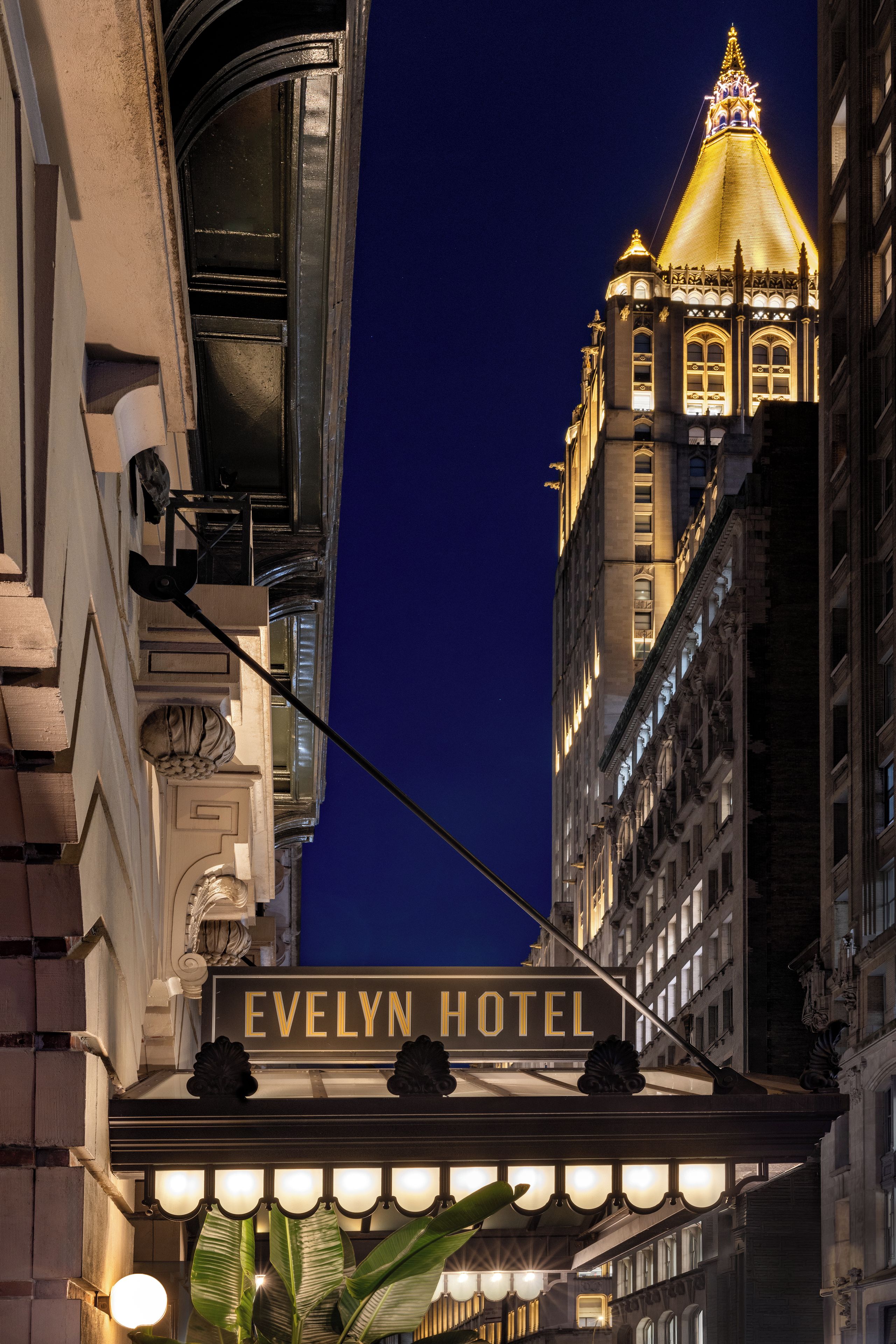 El letrero del Hotel Evelyn, con un diseño arquitectónico clásico, en un paisaje urbano nocturno.