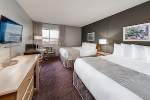 Desk, laptop workspace, blackout drapes, iron/ironing board