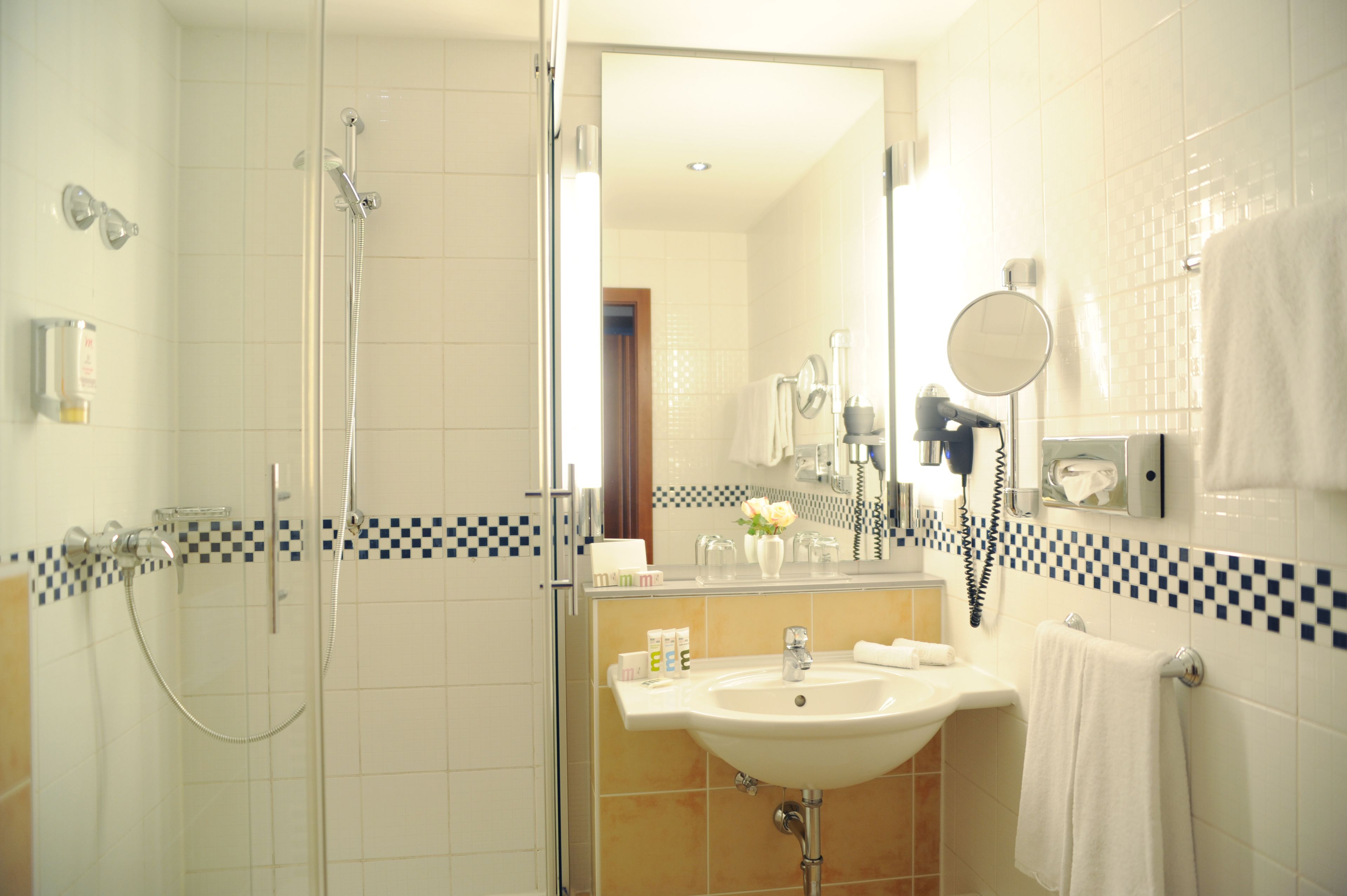 Een badkamer met douche, wastafel en spiegel.