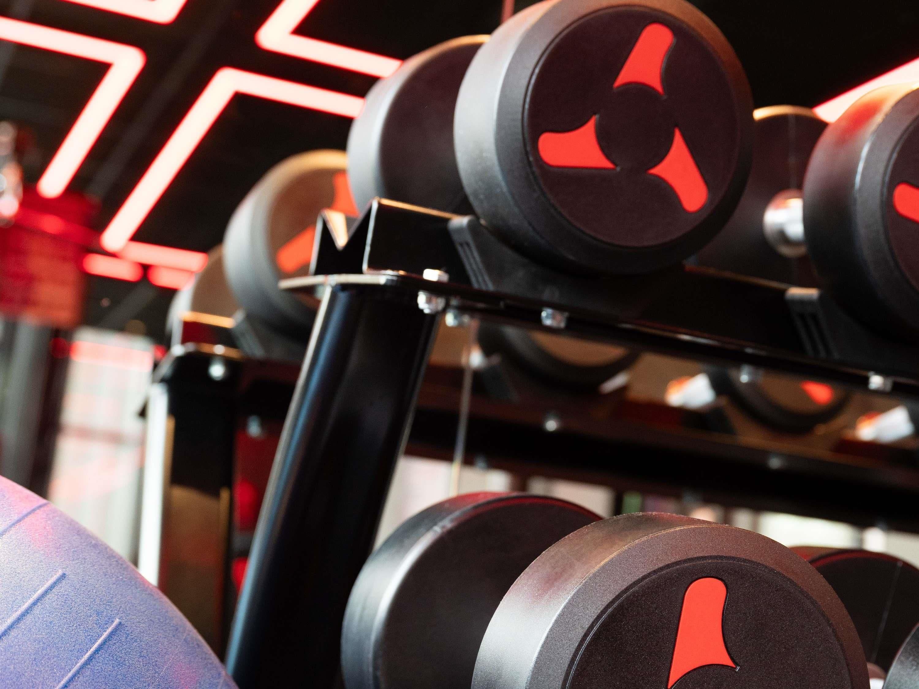 Un estante con mancuernas negras y agarres rojos, en un gimnasio.