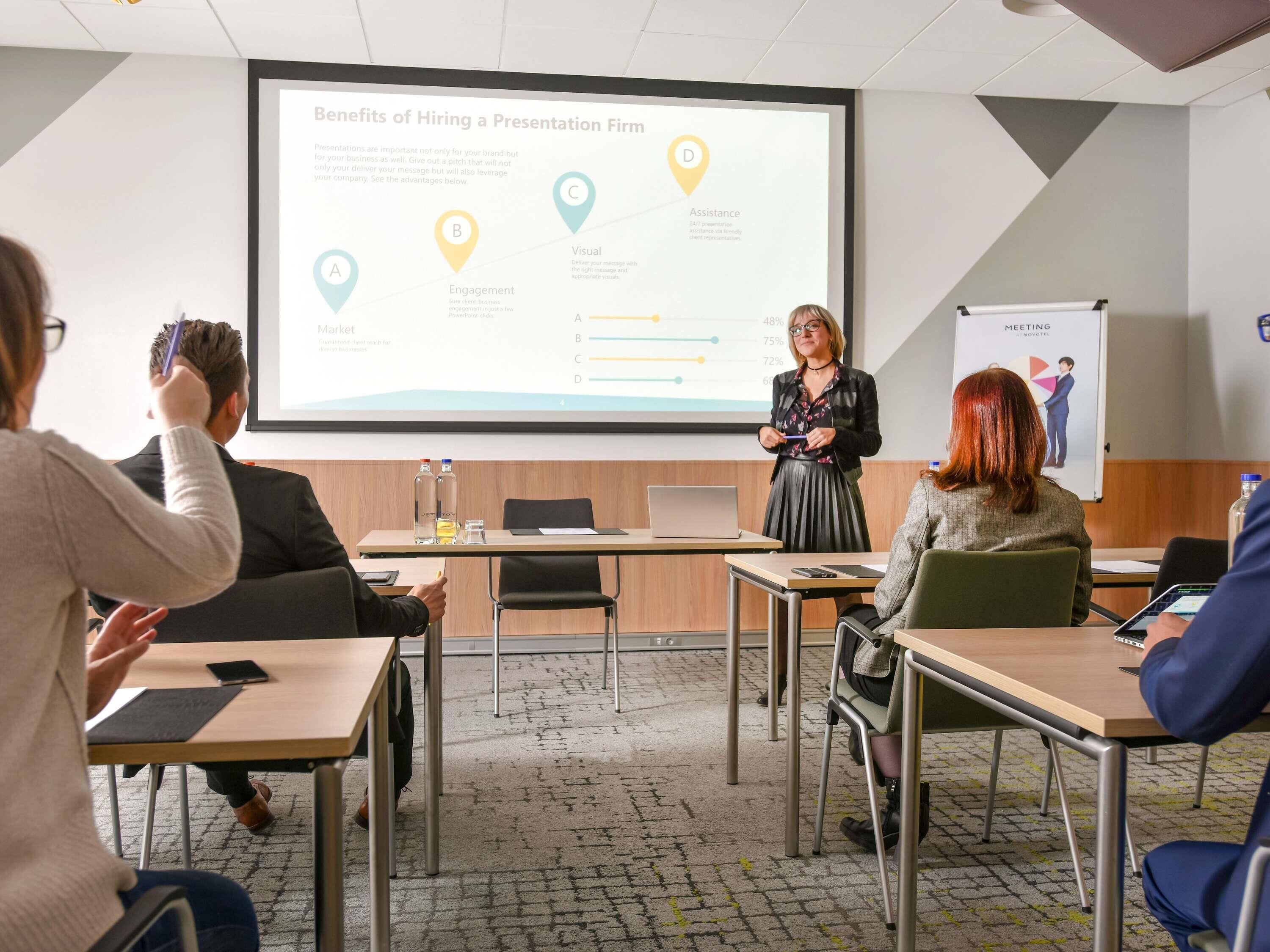 A presentation in a conference room with a screen displaying 'Benefits of Hiring a Presentation Firm.'