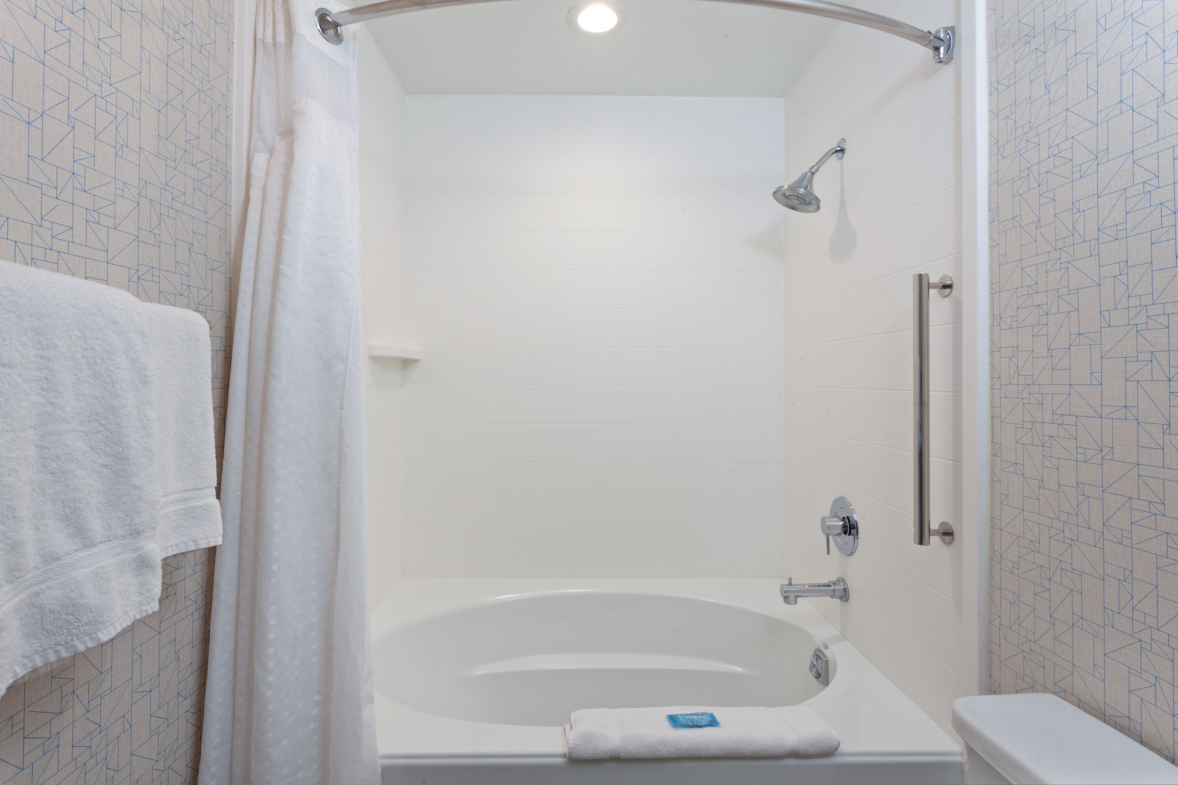 combined shower/bathtub, free toiletries, hair dryer, towels