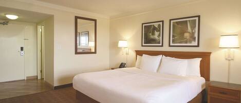 Habitación de hotel con una cama grande, dos lámparas de noche, una mesita de noche, un cabecero de madera y dos cuadros en la pared.