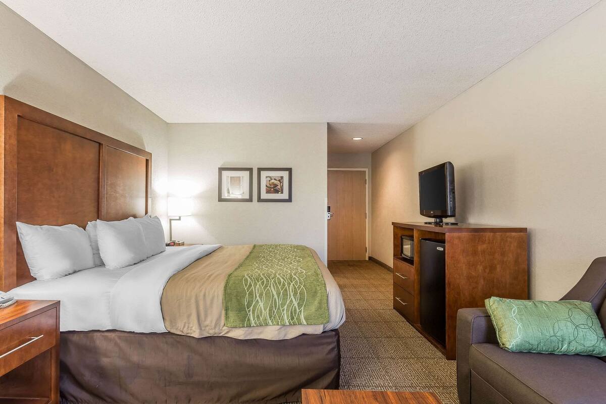 A hotel room with a bed, a desk, a television, and a couch.