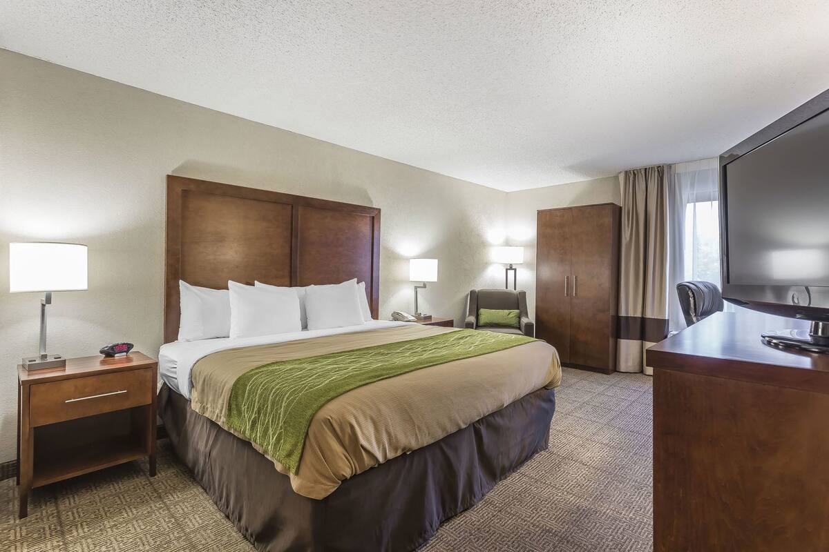 A hotel room with a bed, a desk, a television, a chair, and a wardrobe.