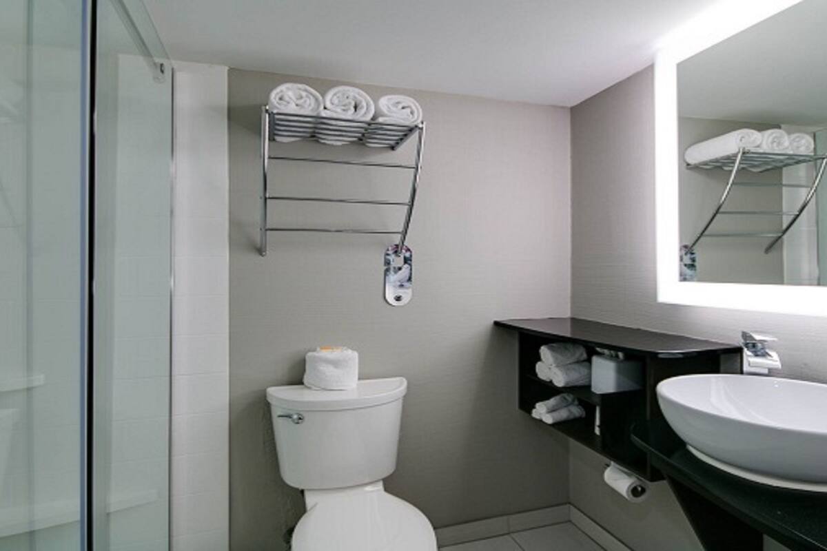 standard room, 1 king bed | bathroom | hair dryer, towels