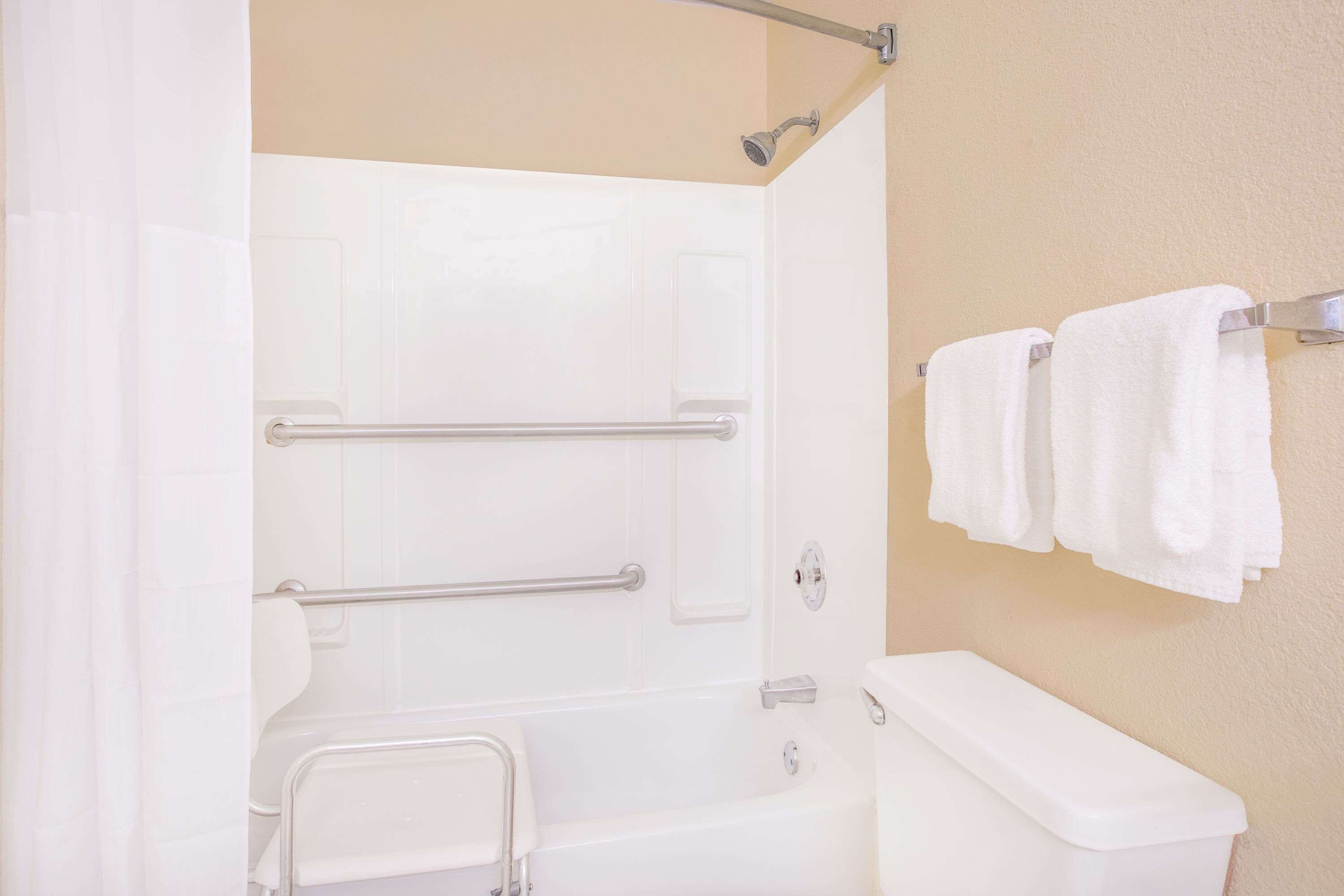Een badkamer met een bad, toilet en een douche.