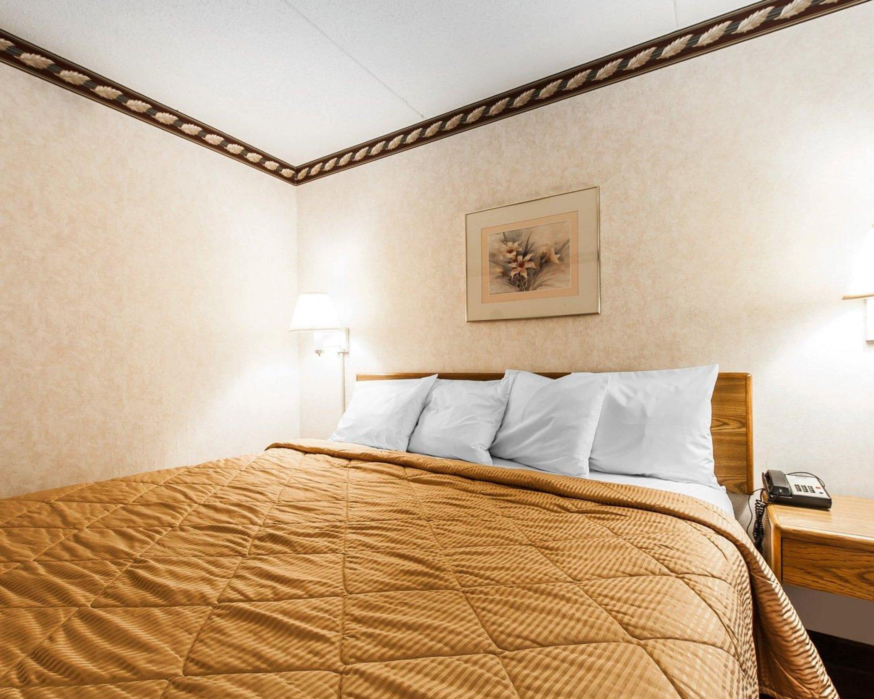 A neatly made bed with a quilted cover, a bedside lamp, and a framed artwork on the wall.