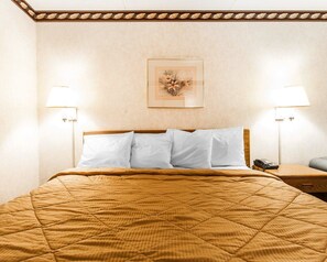 A hotel room with a large bed, two bedside lamps, a framed picture on the wall, and a small table with a telephone.