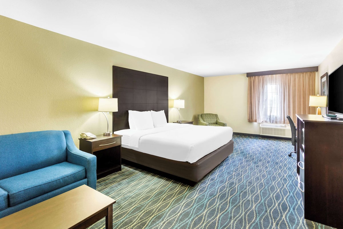 A hotel room with a bed, a blue sofa, a desk, a chair, and a TV.