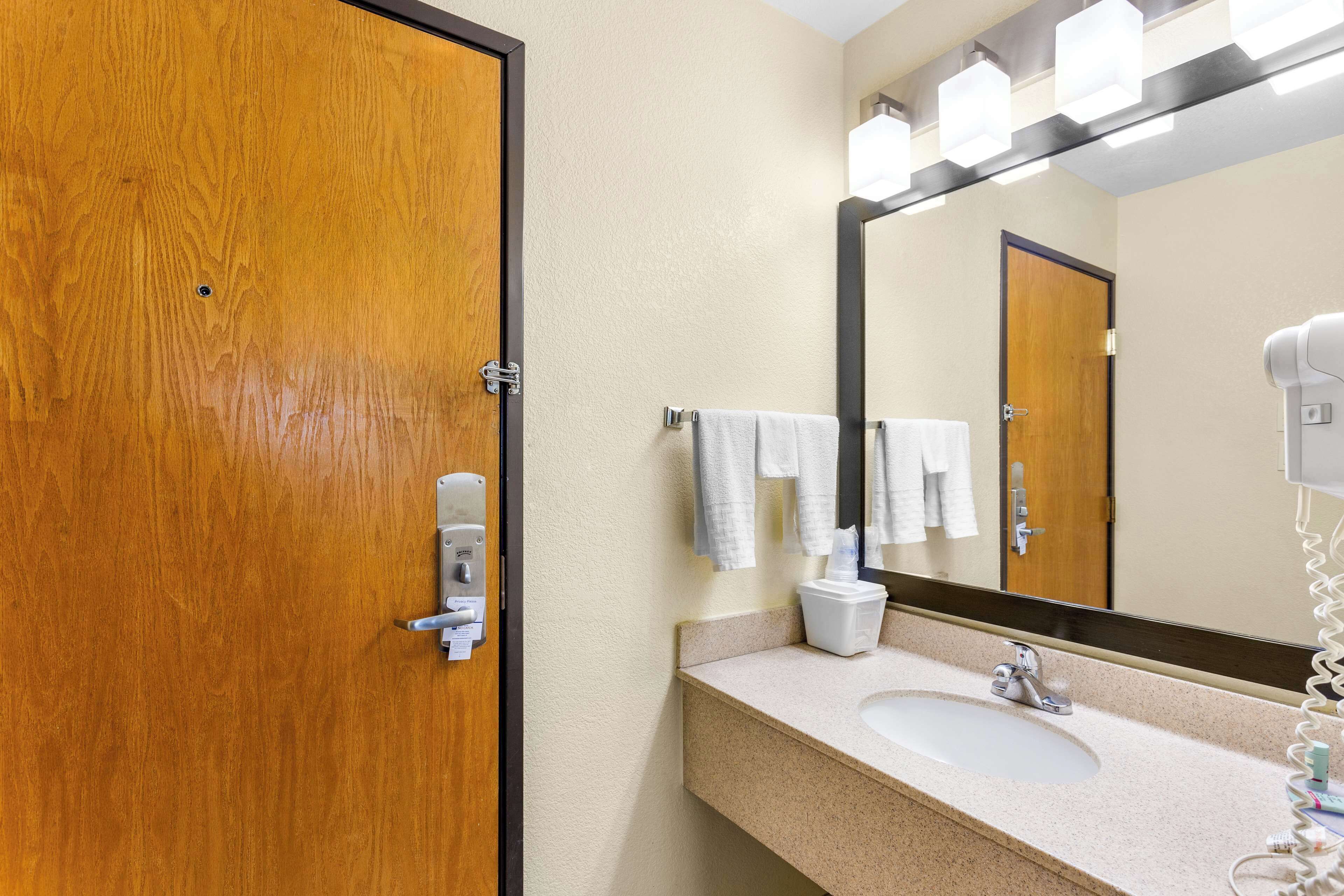 A hotel bathroom with a wooden door, a sink, a mirror, and a hairdryer.