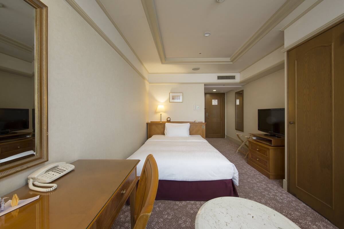 A hotel room with a bed, a desk with a telephone, a television, and a mirror.