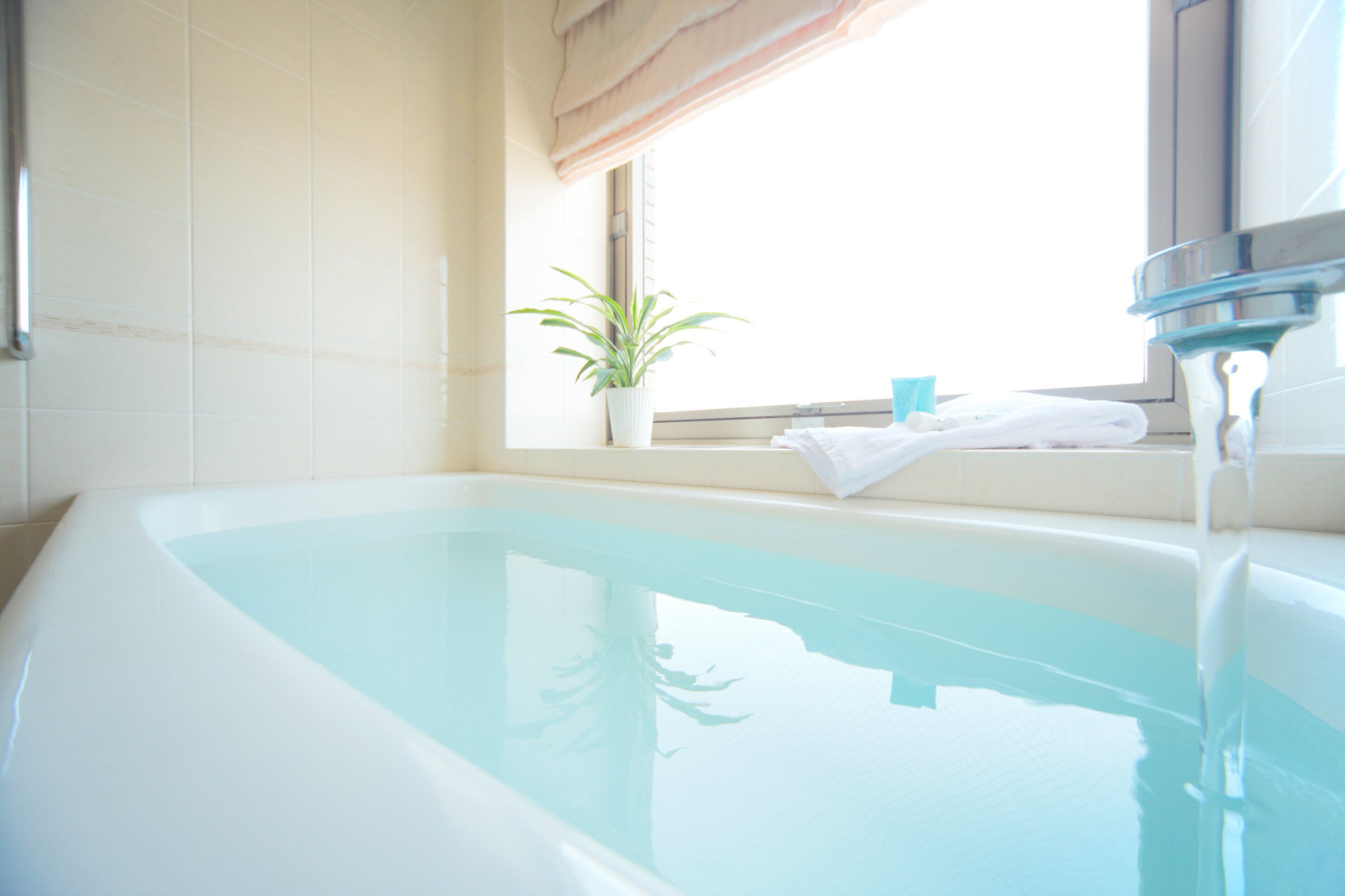 A modern bathroom with a bathtub, a potted plant, and a window with curtains.