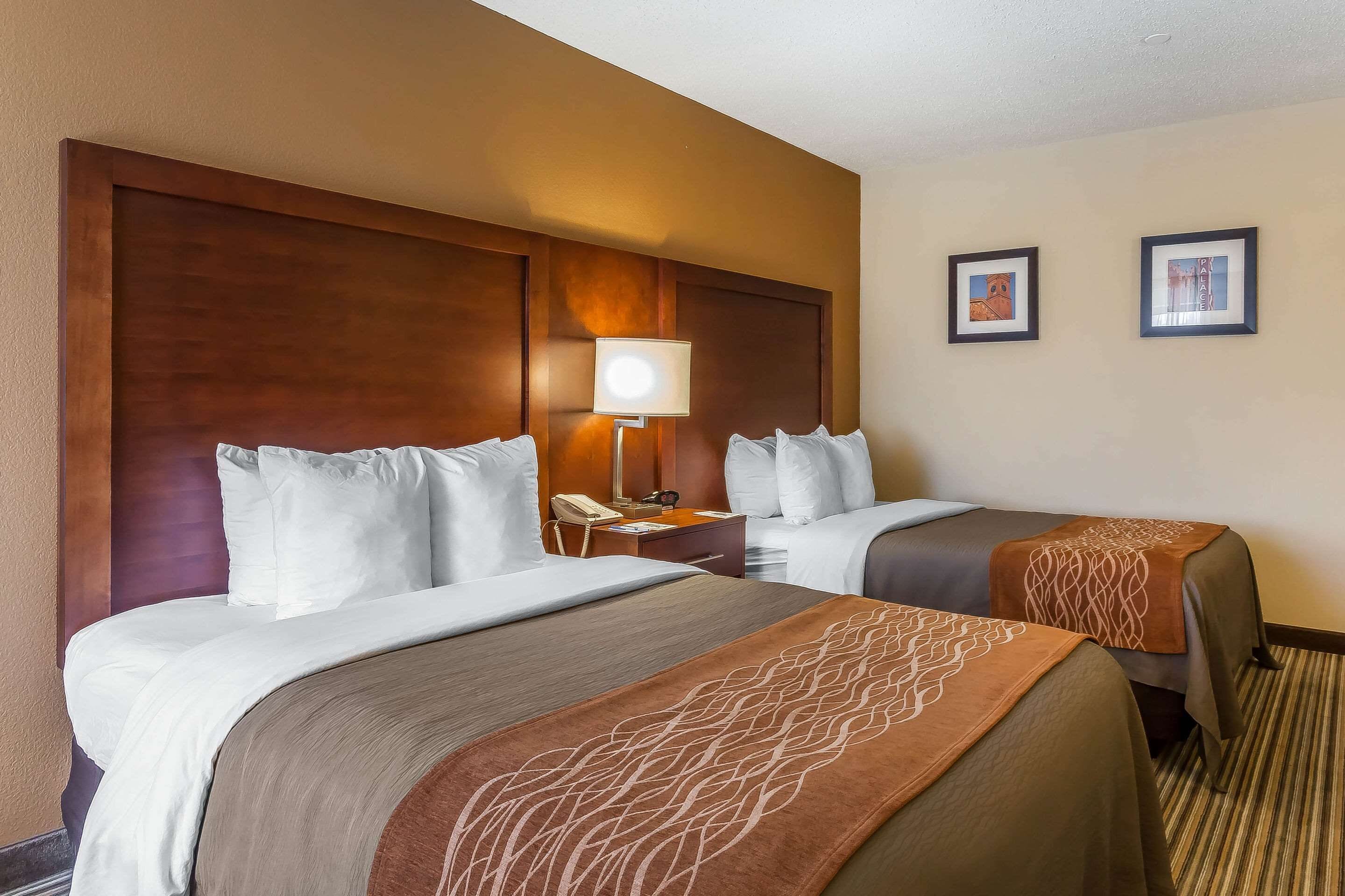 A hotel room with two beds, a wooden headboard, a bedside table with a lamp, and two framed pictures on the wall.