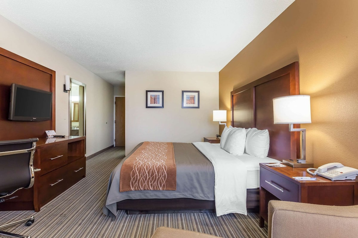 A hotel room with a bed, bedside table with lamps, a desk with a telephone, a television on the wall, and a mirror.