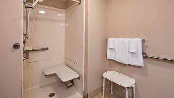 A bathroom with a shower, a toilet, a grab bar, and a small step stool.