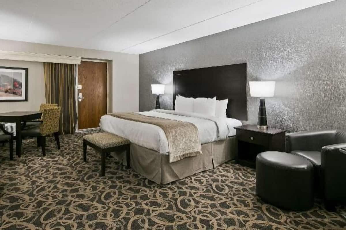 A hotel room with a bed, bedside lamps, a desk with a chair, a television, and a patterned carpet.