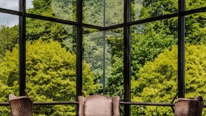 A room with a large window offering a view of dense green trees. There are two armchairs and a table in the foreground.
