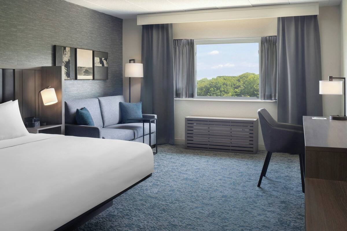 A hotel room with a large bed, a desk, a chair, a sofa, a window with curtains, a radiator, and wall art.
