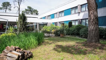 A modern building with a courtyard featuring a tree, a log pile, and various plants.