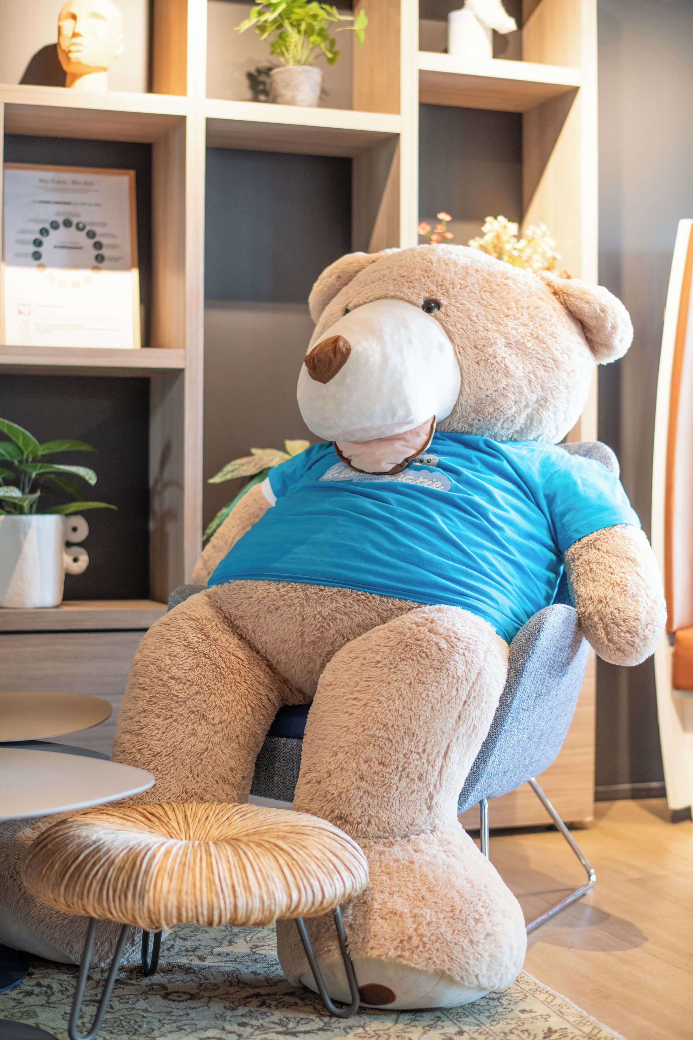 A large teddy bear sitting in a chair with a blue shirt, in a room with shelves and a plant.