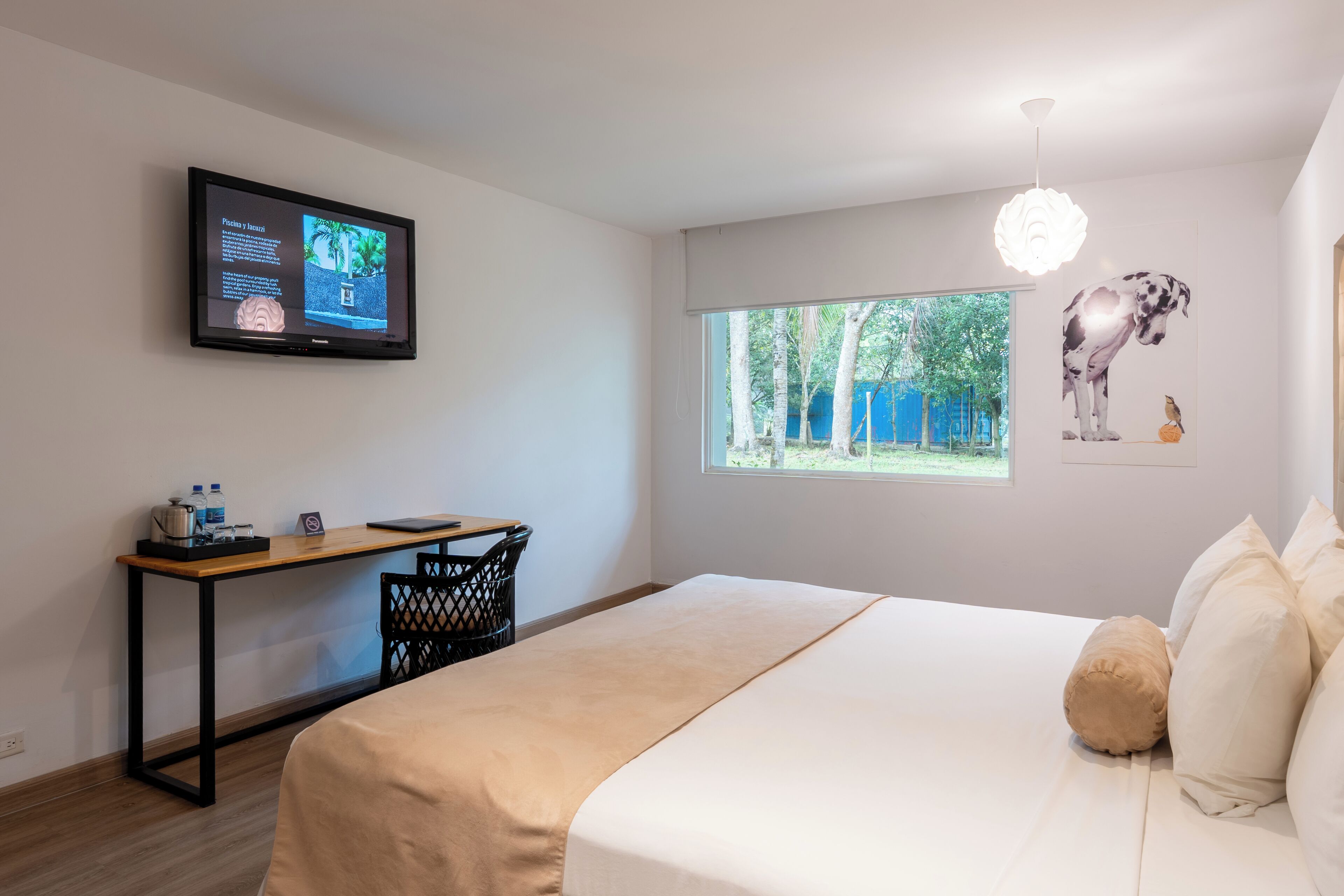 Habitación de hotel con cama, escritorio, silla, televisor montado en la pared, ventana con vista a árboles y una pintura de un perro.