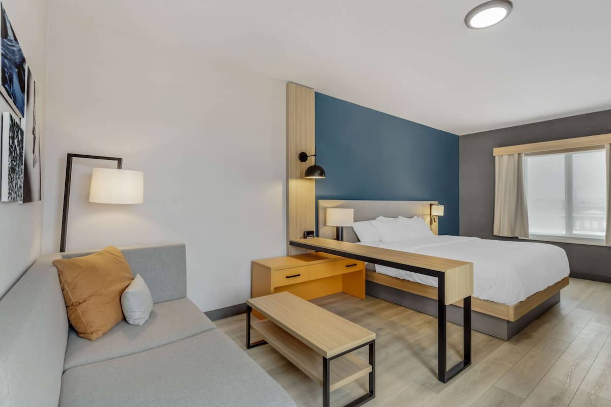 Une chambre d’hôtel moderne équipée d’un lit, d’un bureau, d’une banquette et d’un canapé.