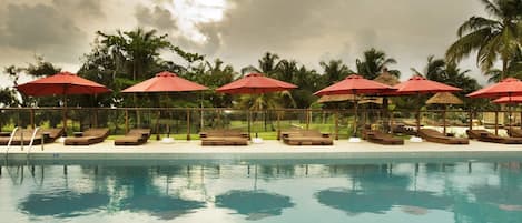 Outdoor pool, pool umbrellas, pool loungers