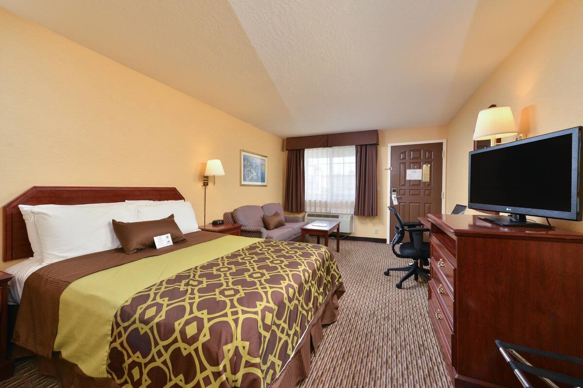 A hotel room with a large bed, a desk, a chair, a television, and a window with curtains.