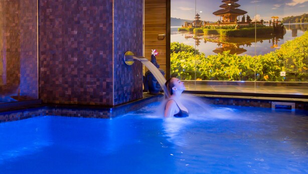 A person in a hot tub with a view of a pagoda and lotus pond.