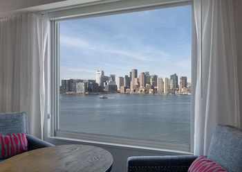 Hotel room view looking out at Hyatt Regency Boston Harbor