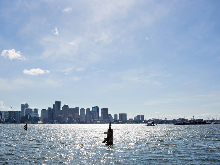 A waterfront view of a city skyline with buildings and a statue in the water.