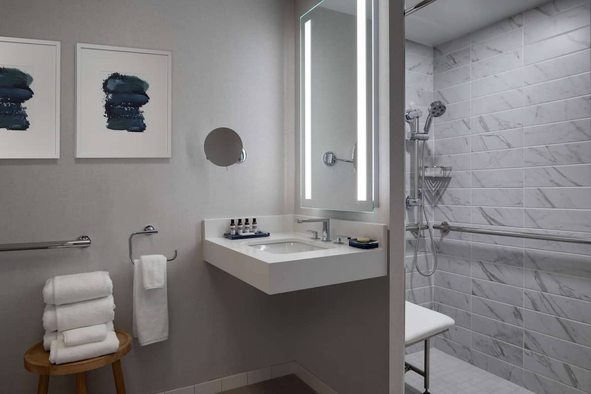 combined shower/bathtub, eco-friendly toiletries, hair dryer, towels