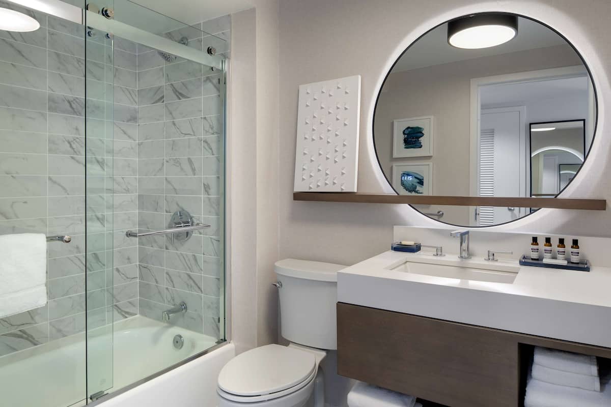 combined shower/bathtub, eco-friendly toiletries, hair dryer, towels