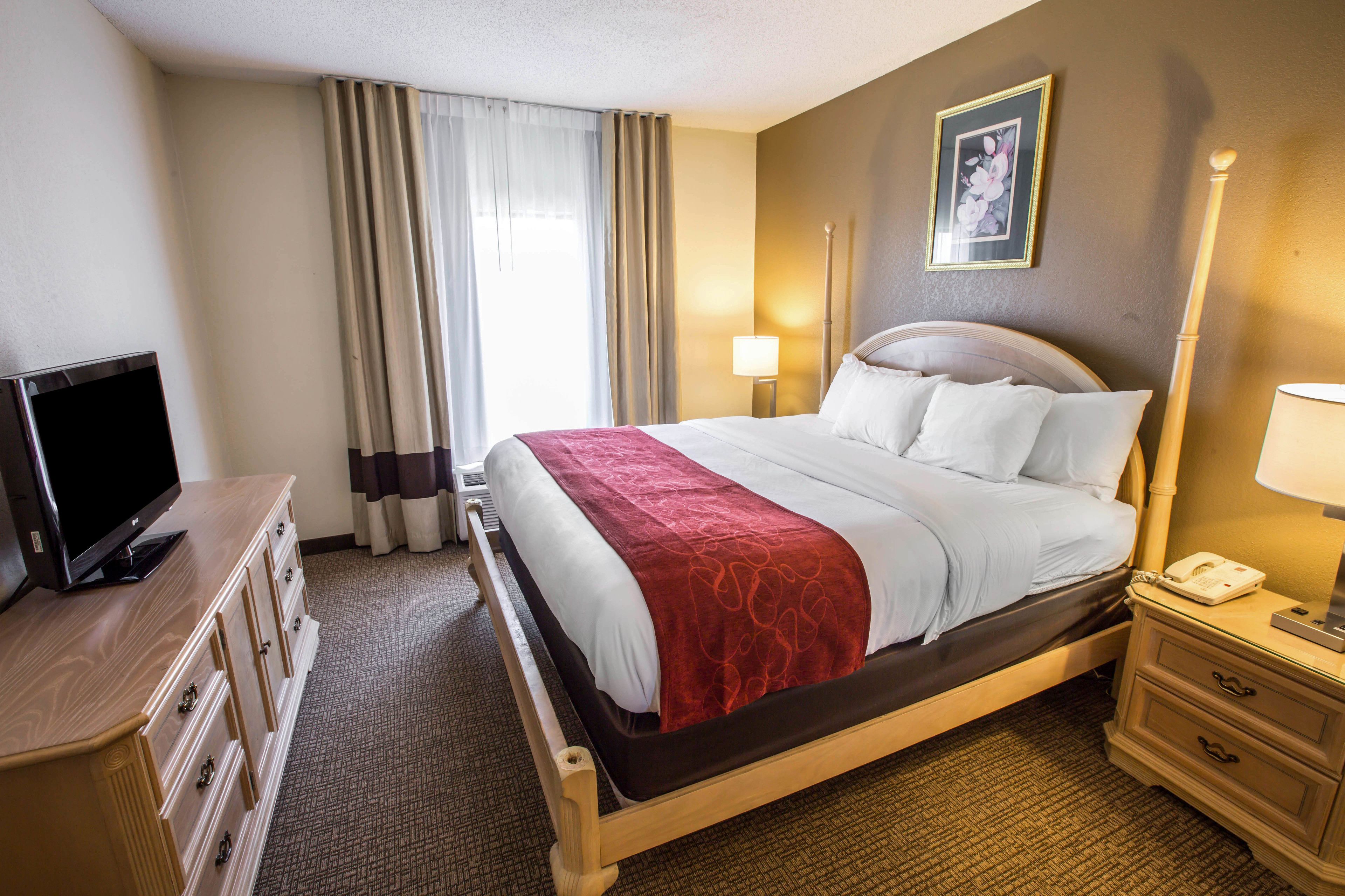 A hotel room with a bed, a TV, a desk, and a lamp.