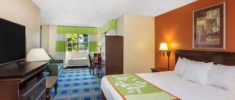 Premium bedding, desk, blackout curtains, soundproofing